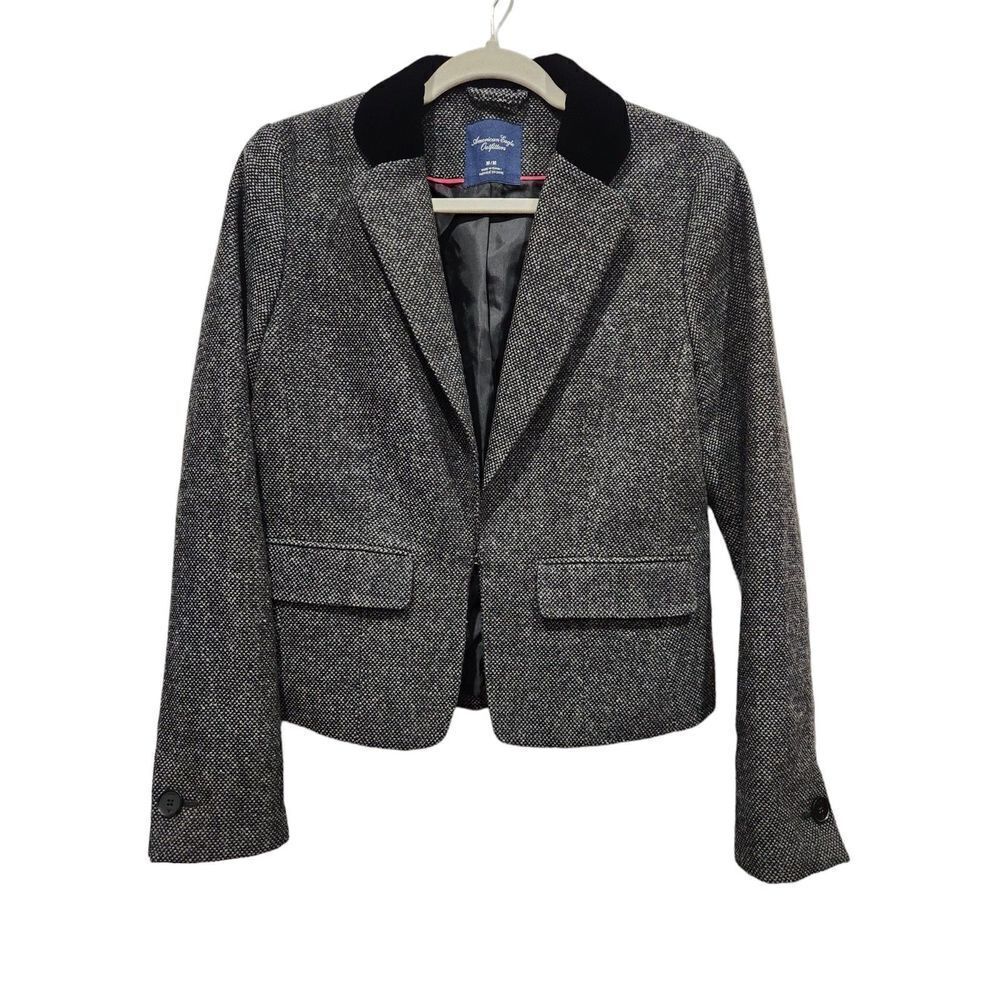 American Eagle Wool Blend Gray Metallic Silver Tweed Velvet Collar Blazer, M